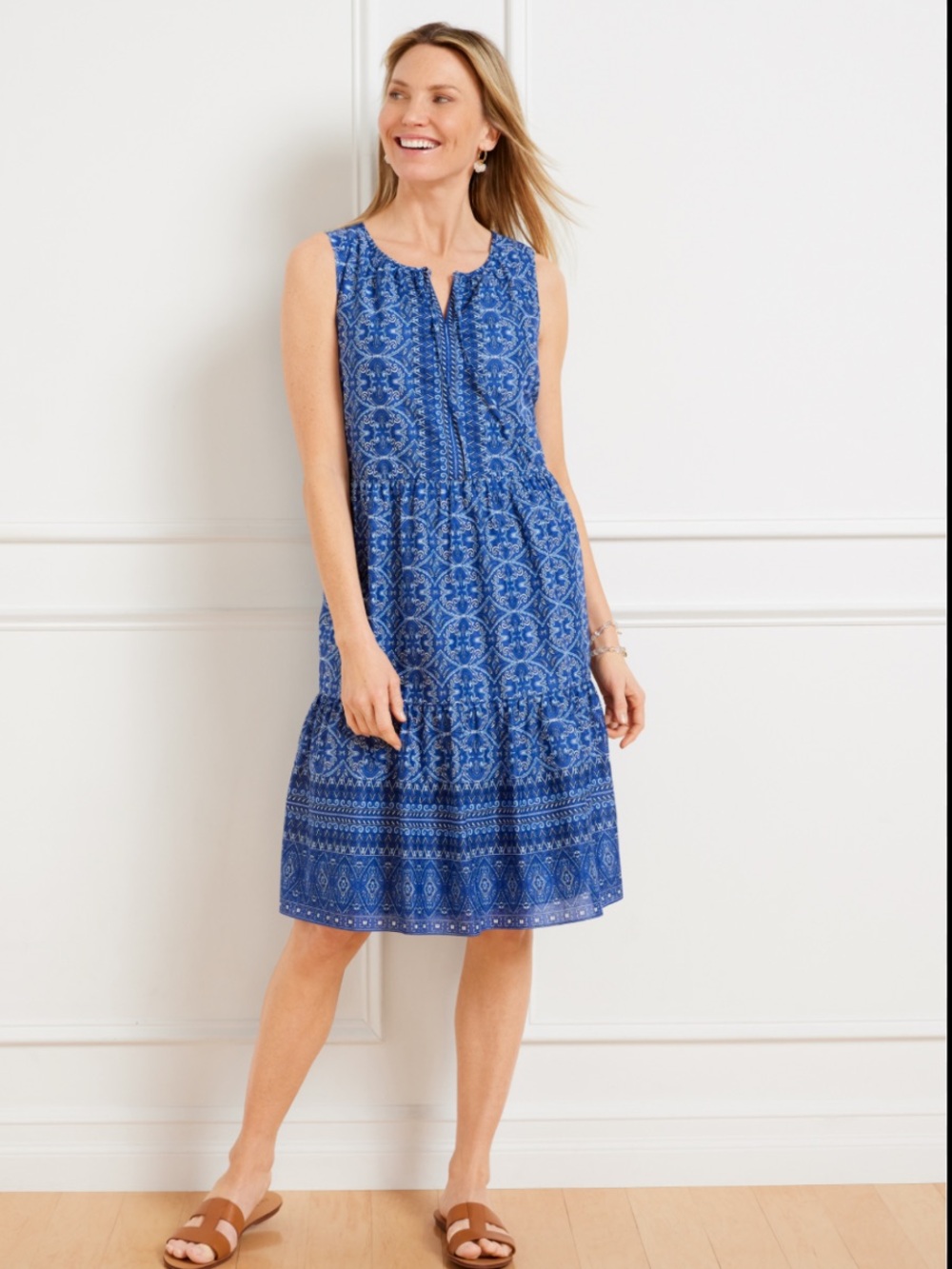Talbots Sleeveless Blue Printed Tiered Dress